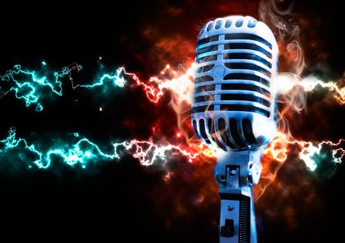 Music illustration with vintage microphone and explosion with fire and ray