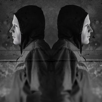 Twin figures against grungy wall background. 3d illustration and photo composite.