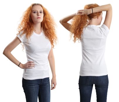 Young beautiful redhead female with blank white shirt, front and back. Ready for your design or artwork.