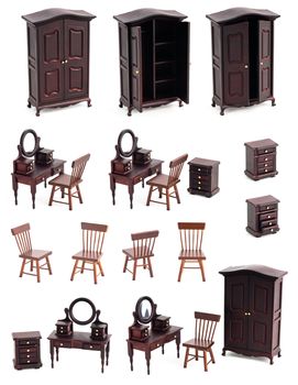 Dressing room isolated with shadows, wooden and vintage furniture toys