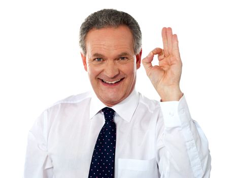 Aged boss showing excellent gesture in front of camera