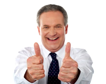 Happy businessman gesturing double thumbs-up. Isolated over white