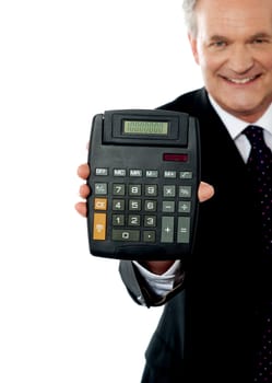 Cropped image of a businessman showing calculator to camera isolated over white