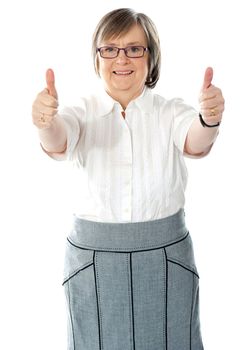 Woman executive showing double thumbs-up isolated on white
