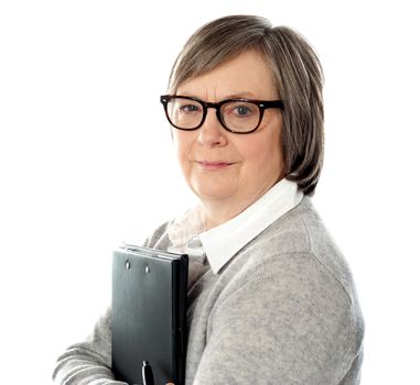 Attractive old orporate lady holding business document, closeup shot