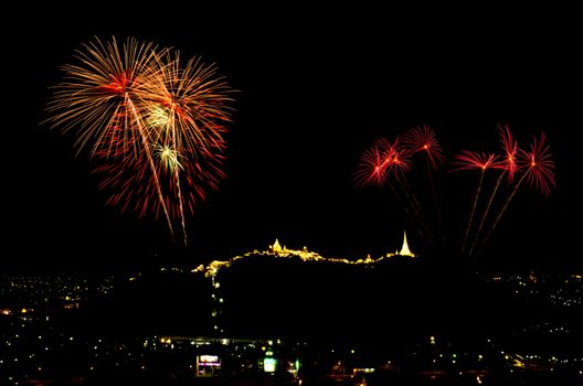 fireworks display above Thai temple on the hill at Khao Wang  Phetchaburi,Thailand