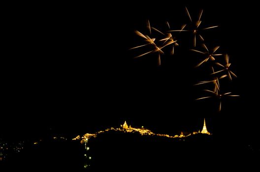 fireworks display above Thai temple on the hill at Khao Wang  Phetchaburi,Thailand