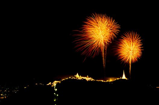 fireworks display above Thai temple on the hill at Khao Wang  Phetchaburi,Thailand