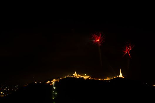 fireworks display above Thai temple on the hill at Khao Wang  Phetchaburi,Thailand