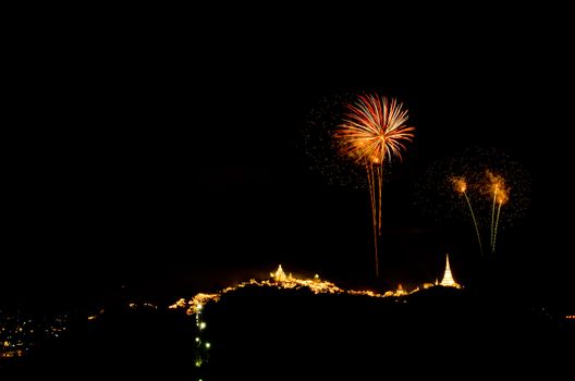 fireworks display above Thai temple on the hill at Khao Wang  Phetchaburi,Thailand