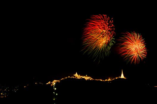 fireworks display above Thai temple on the hill at Khao Wang  Phetchaburi,Thailand