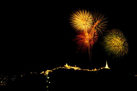 fireworks display above Thai temple on the hill at Khao Wang  Phetchaburi,Thailand