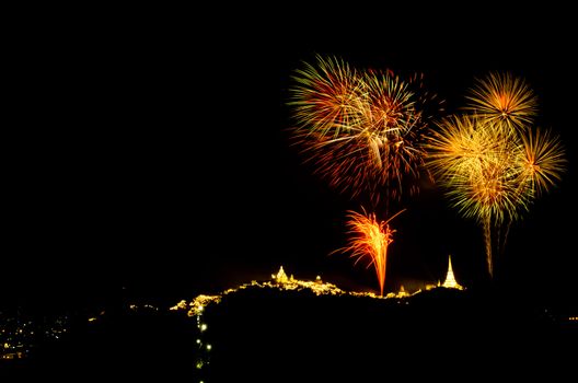 fireworks display above Thai temple on the hill at Khao Wang  Phetchaburi,Thailand