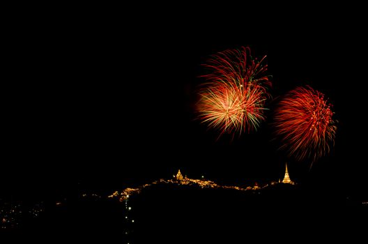 fireworks display above Thai temple on the hill at Khao Wang  Phetchaburi,Thailand