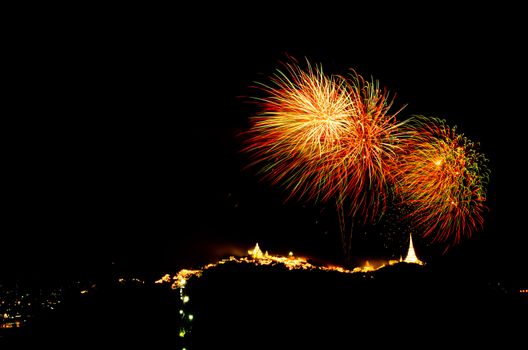 fireworks display above Thai temple on the hill at Khao Wang  Phetchaburi,Thailand