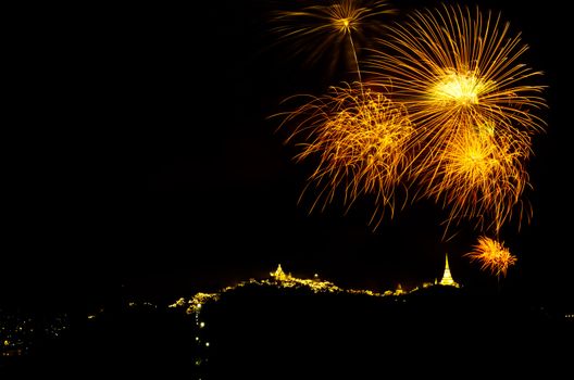 fireworks display above Thai temple on the hill at Khao Wang  Phetchaburi,Thailand