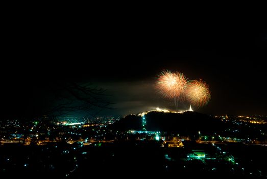 fireworks display above Thai temple on the hill at Khao Wang  Phetchaburi,Thailand