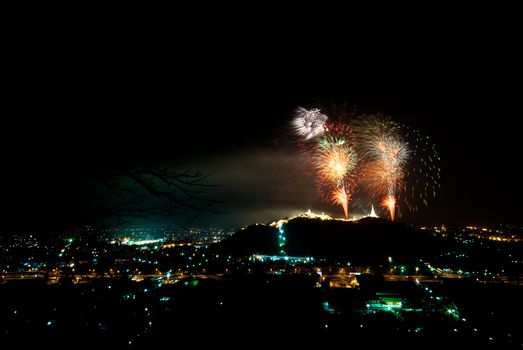 fireworks display above Thai temple on the hill at Khao Wang  Phetchaburi,Thailand