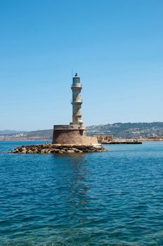 Lighthouse on an island in Chania, Greece, island of Crete