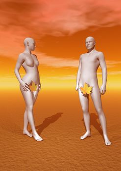 Naked Adam and Eve qith a leaf and orange background