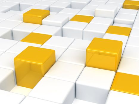 Abstract background consisting of white and orange plastic cubes