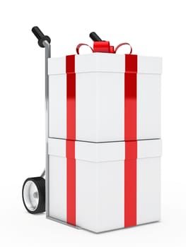 christmas gift box red ribbon hand truck