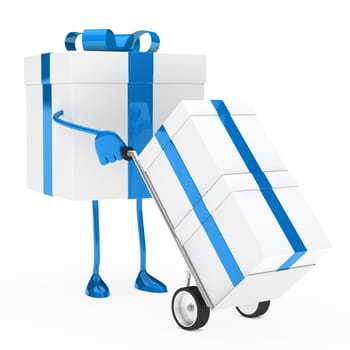 blue christmas gift box hold hand truck