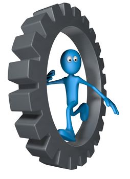 blue guy is running inside gear wheel - 3d illustration