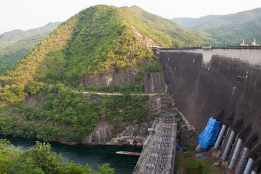 The Bhumibol Dam(formerly known as the Yanhi Dam) in Thailand. The dam is situated on the Ping River and has a capacity of 13,462,000,000 cubic meter.
