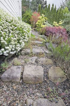Garden Stone Steps to Backyard with Trees and Plants