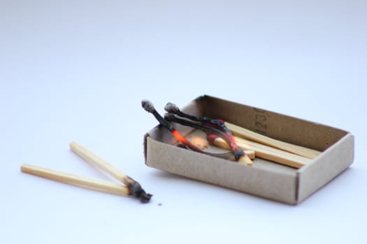 Burned matches laying in matchbox.