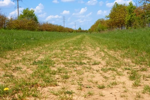 Old rural dirt road partially overgrown with grass 