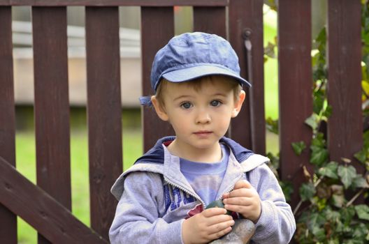The picture shows a little boy who stood in play against the fence in garden.
