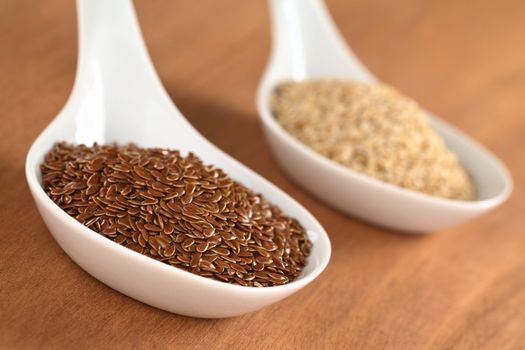 Brown flax seeds and sesame on ceramic spoon (Selective Focus, Focus on third into the flax seeds)