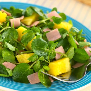 Fresh watercress, pineapple and ham salad on blue plate with a fork (Selective Focus, Focus on the pineapple pieces in the front)
