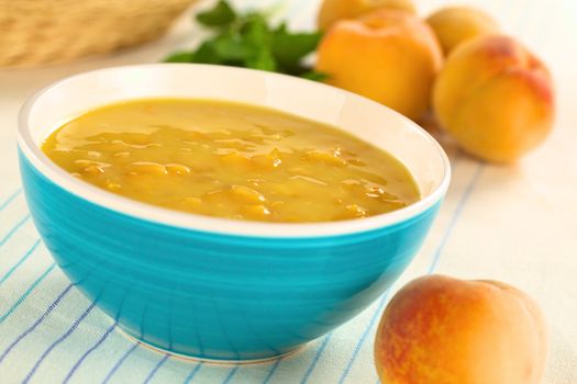 Refreshing cold peach soup in blue bowl (Selective Focus, Focus one third into the soup)