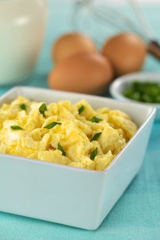 Scrambled eggs with green onion in bowl with ingredients in the back (Selective Focus, Focus one third into the bowl) 