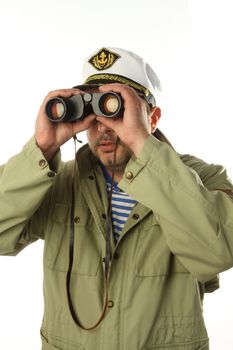 seaman with binoculars over white 