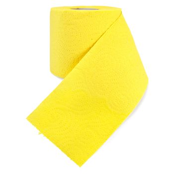 A roll of toilet paper yellow with perforation isolated on white background