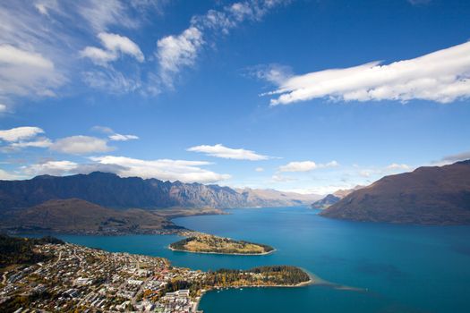 Landscape of Queenstown with lake Wakatipu from Bob's Peak New Zealand