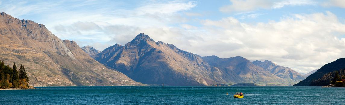 Panorama Scenic Mountain Landscape at Lake Wakatipu of Queenstown New Zealand