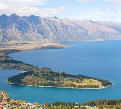 Landscape of Queenstown with lake Wakatipu from Bob's Peak New Zealand