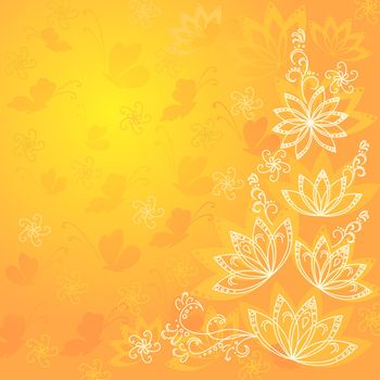 Abstract orange and yellow floral background with flowers contours and butterflies silhouettes