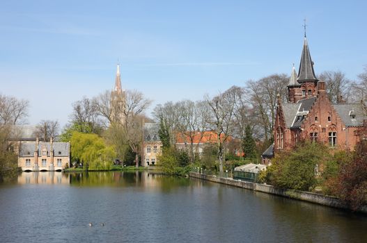 Peaceful view of Minnewater in the spring time Bruges, Belgium.