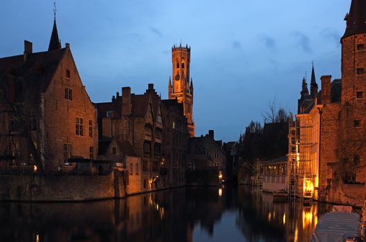 Late evening shot of Rozenhoedkaai in the old city Bruges in Belgium