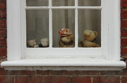 Children room decoration - a Family of teddy bears on the window.