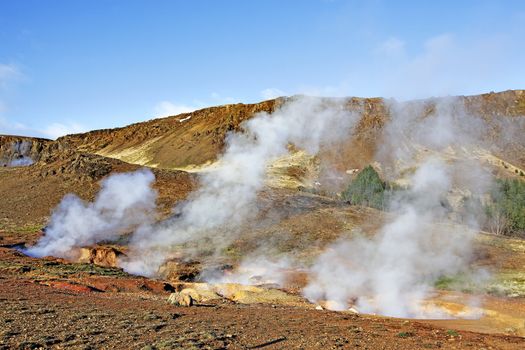 Smoke rising from hot springs in Iceland