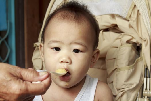 Mother feeding hungry baby in highchair