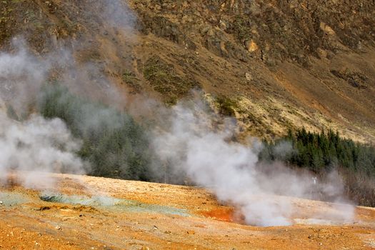 Smoke rising from hot springs in Iceland