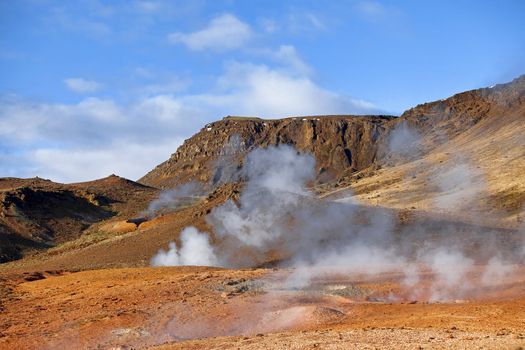 Smoke rising from hot springs in Iceland